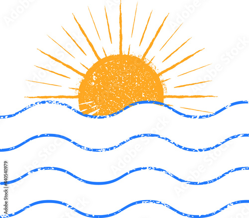 Minimal design element . Sun and blue abstract waves . Sunset logo element. Surfing icon . Brush stroke . Vector illustration. 
