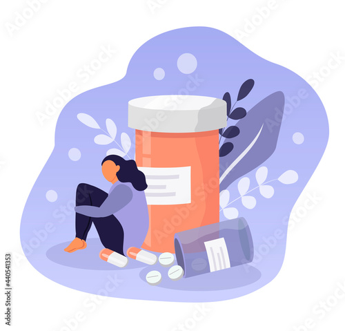 vector hand drawn illustration on the theme of medical care for mental disorders. the girl sits hugging her knees next to the pills