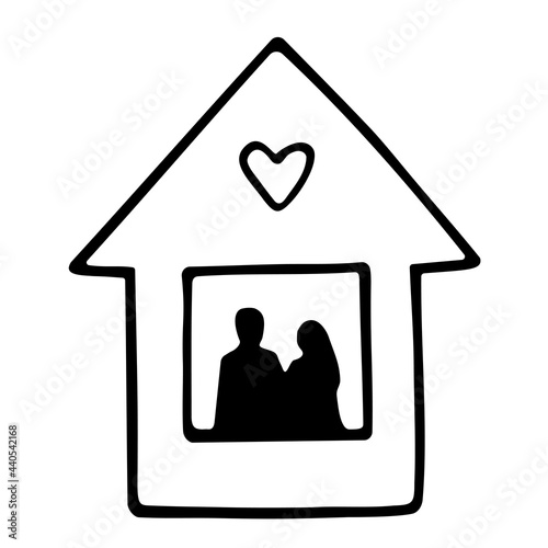 A lovely doodle home with a silhouette of couple in the window and with a heart. A Family House icon. Hand drawn vector illustration. A house full of love. Black lines isolated on a white background.