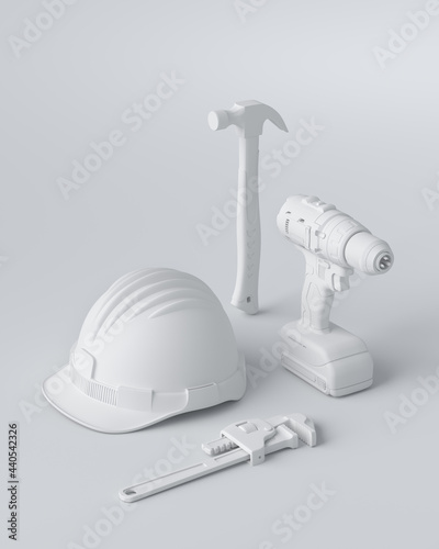 Fototapeta Naklejka Na Ścianę i Meble -  Isometric view of monochrome construction tools for repair on white