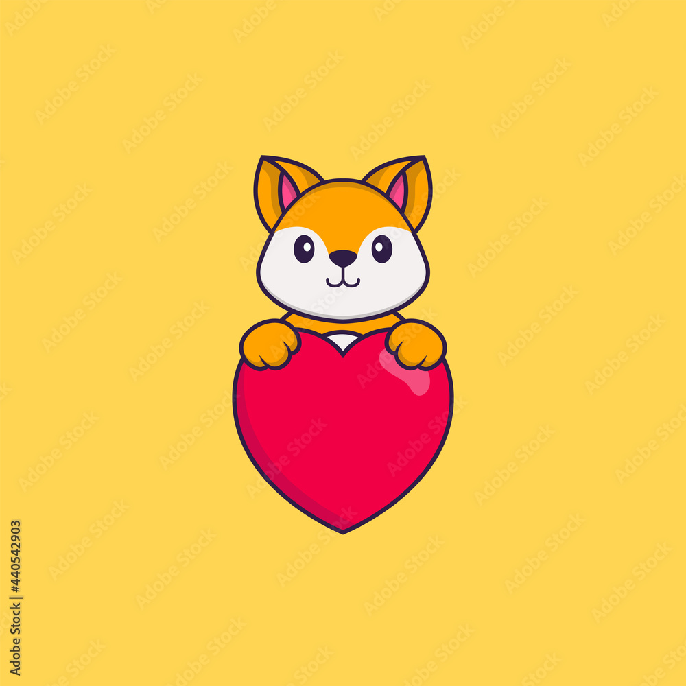 Cute fox holding a big red heart. Animal cartoon concept isolated. Can used for t-shirt, greeting card, invitation card or mascot. Flat Cartoon Style Cute fox holding a big red heart. Animal cartoon concept isolated. Can used for t-shirt, greeting card, invitation card or mascot. Flat Cartoon Style