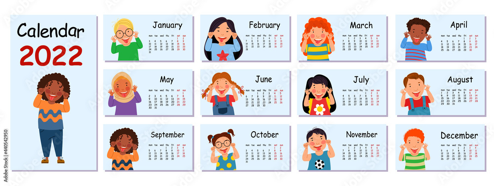 Fototapeta premium Horizontal vector calendar design template for 2022, flat design. A bright Children is Calendar for 2022 for a home with funny children. The Week Starts On Monday.