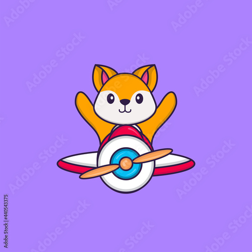 Cute fox flying on a plane. Animal cartoon concept isolated. Can used for t-shirt, greeting card, invitation card or mascot. Flat Cartoon Style