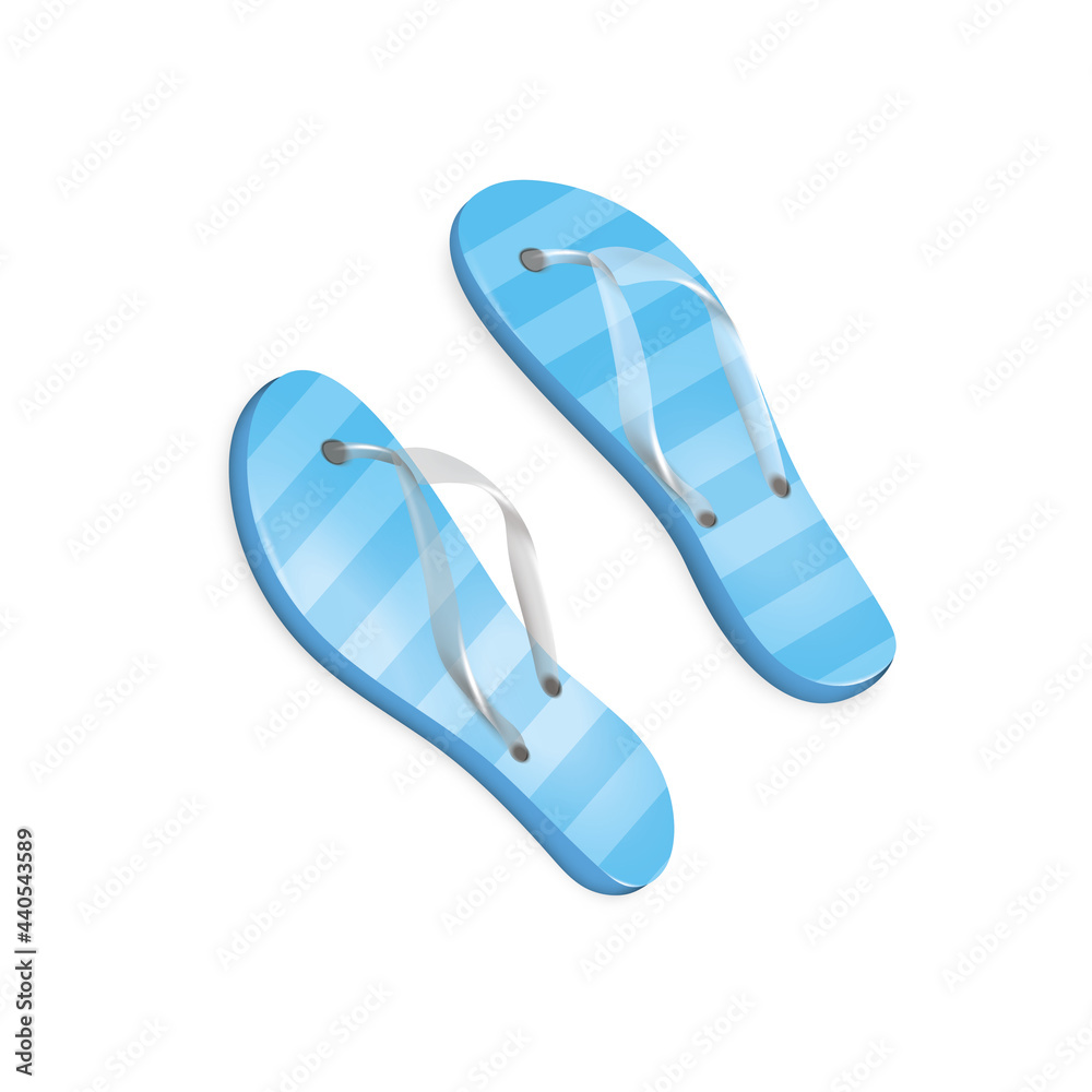 Blue striped flip flops with shadow. Shoes for the beach, walks, games, saunas, visiting water attractions. Vector realistic design. EPS 10. Blue striped flip flops with shadow. Shoes for the beach, walks, games, saunas, visiting water attractions. Vector realistic design. EPS 10.