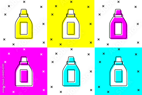 Set Plastic bottle for laundry detergent, bleach, dishwashing liquid or another cleaning agent icon isolated on color background. Vector