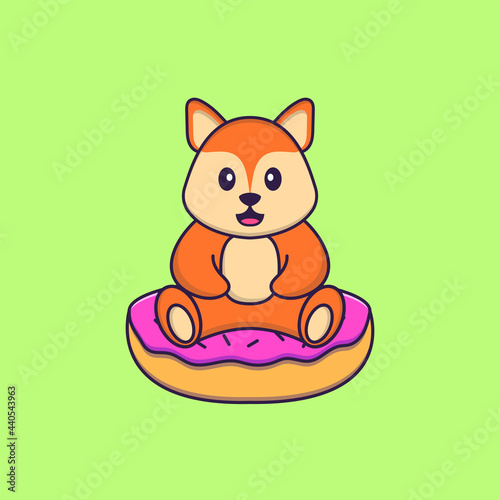 Cute fox is sitting on donuts. Animal cartoon concept isolated. Can used for t-shirt, greeting card, invitation card or mascot. Flat Cartoon Style