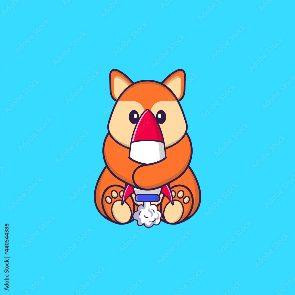 Fototapeta premium Cute fox holding a rocket. Animal cartoon concept isolated. Can used for t-shirt, greeting card, invitation card or mascot. Flat Cartoon Style