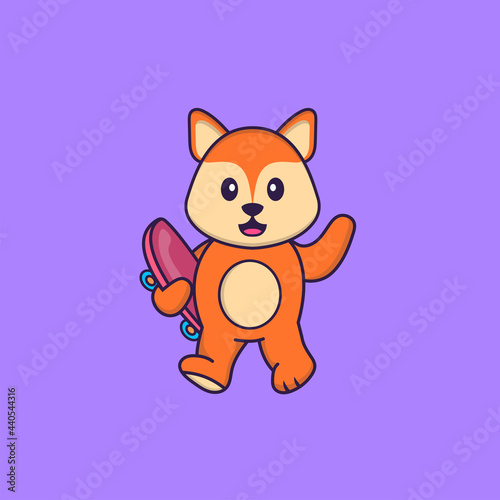 Cute fox holding a skateboard. Animal cartoon concept isolated. Can used for t-shirt  greeting card  invitation card or mascot. Flat Cartoon Style