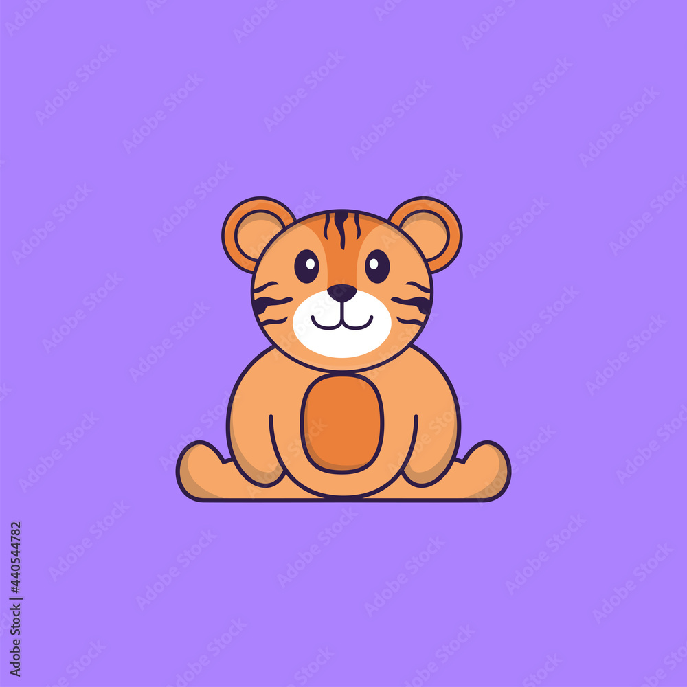 Naklejka premium Cute tiger is sitting. Animal cartoon concept isolated. Can used for t-shirt, greeting card, invitation card or mascot. Flat Cartoon Style