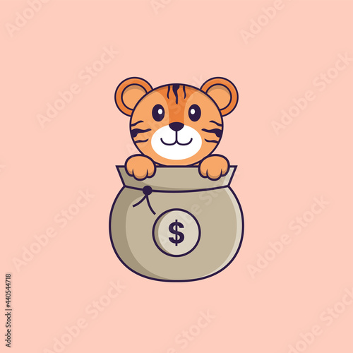 Cute tiger playing in money bag. Animal cartoon concept isolated. Can used for t-shirt  greeting card  invitation card or mascot. Flat Cartoon Style