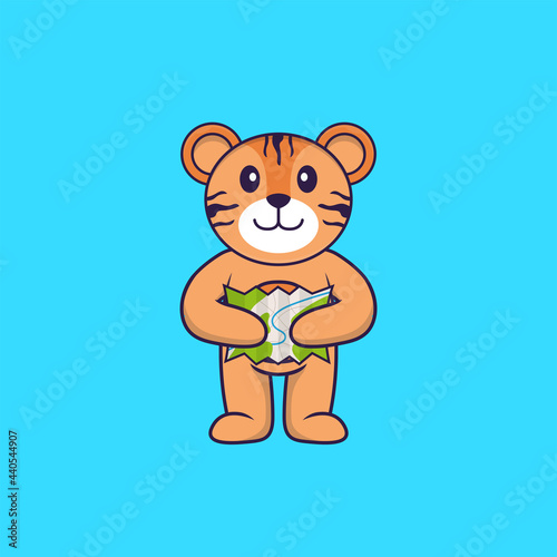 Cute tiger holding a map. Animal cartoon concept isolated. Can used for t-shirt  greeting card  invitation card or mascot. Flat Cartoon Style