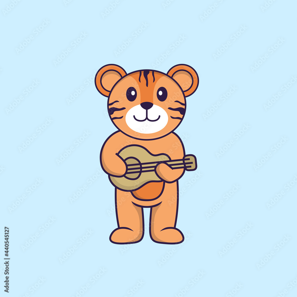 Fototapeta premium Cute tiger playing guitar. Animal cartoon concept isolated. Can used for t-shirt, greeting card, invitation card or mascot. Flat Cartoon Style