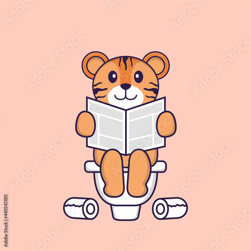 Cute tiger Pooping On Toilet and read newspaper. Animal cartoon concept isolated. Can used for t-shirt, greeting card, invitation card or mascot. Flat Cartoon Style