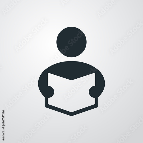 Símbolo biblioteca. Icono silueta de hombre leyendo un libro en fondo gris