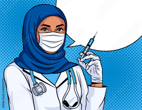 Colored vector illustration in pop art style. Woman doctor with a syringe in her hand. Vaccination poster. Muslim nurse wearing a traditional headdress. Medical worker with protective mask on . face