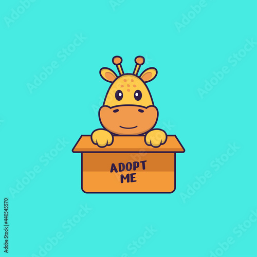 Cute giraffe in box with a poster Adopt me. Animal cartoon concept isolated. Can used for t-shirt, greeting card, invitation card or mascot. Flat Cartoon Style