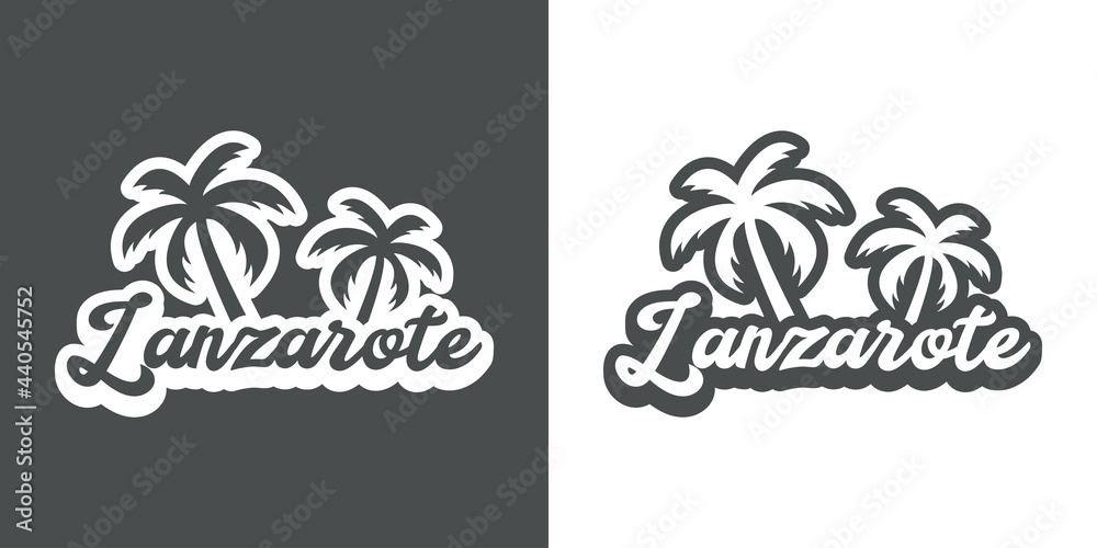 Destino de vacaciones. Logotipo con texto Lanzarote con palmeras con sombra en fondo gris y fondo blanco