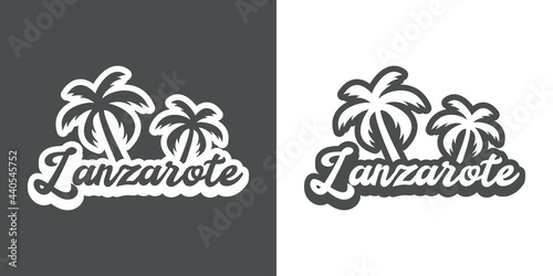 Destino de vacaciones. Logotipo con texto Lanzarote con palmeras con sombra en fondo gris y fondo blanco