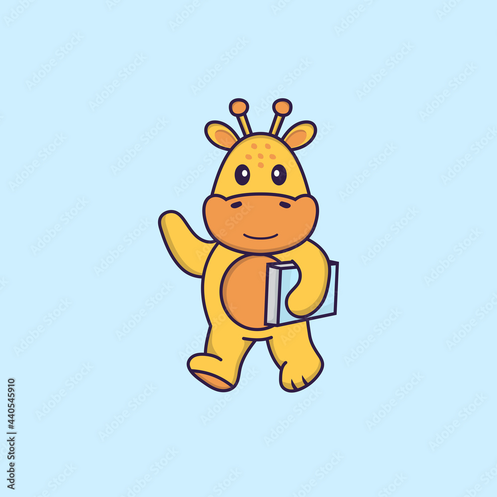 Obraz premium Cute giraffe holding a book. Animal cartoon concept isolated. Can used for t-shirt, greeting card, invitation card or mascot. Flat Cartoon Style
