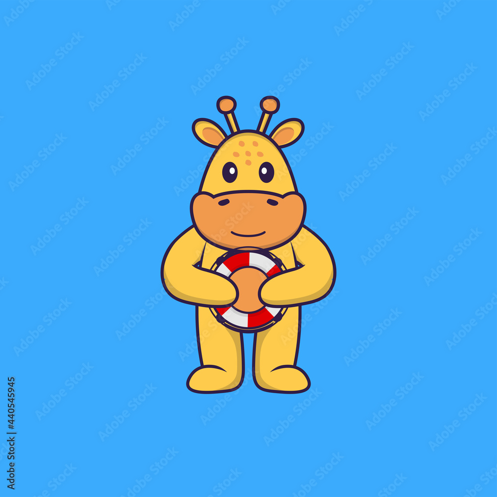 Fototapeta premium Cute giraffe holding a buoy. Animal cartoon concept isolated. Can used for t-shirt, greeting card, invitation card or mascot. Flat Cartoon Style