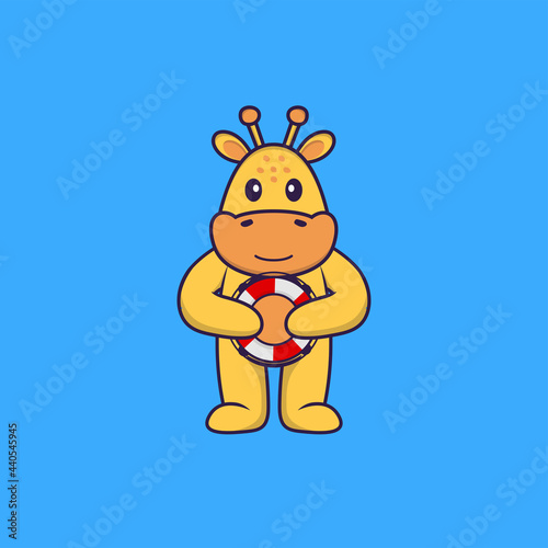 Cute giraffe holding a buoy. Animal cartoon concept isolated. Can used for t-shirt  greeting card  invitation card or mascot. Flat Cartoon Style