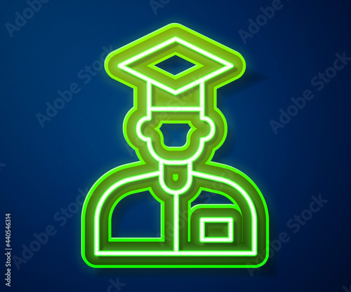 Glowing neon line Laboratory assistant icon isolated on blue background. Vector