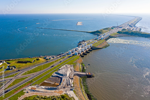 Aerial from sluices at Kronwerderzand at the Afsluitdijk in the Netherland photo
