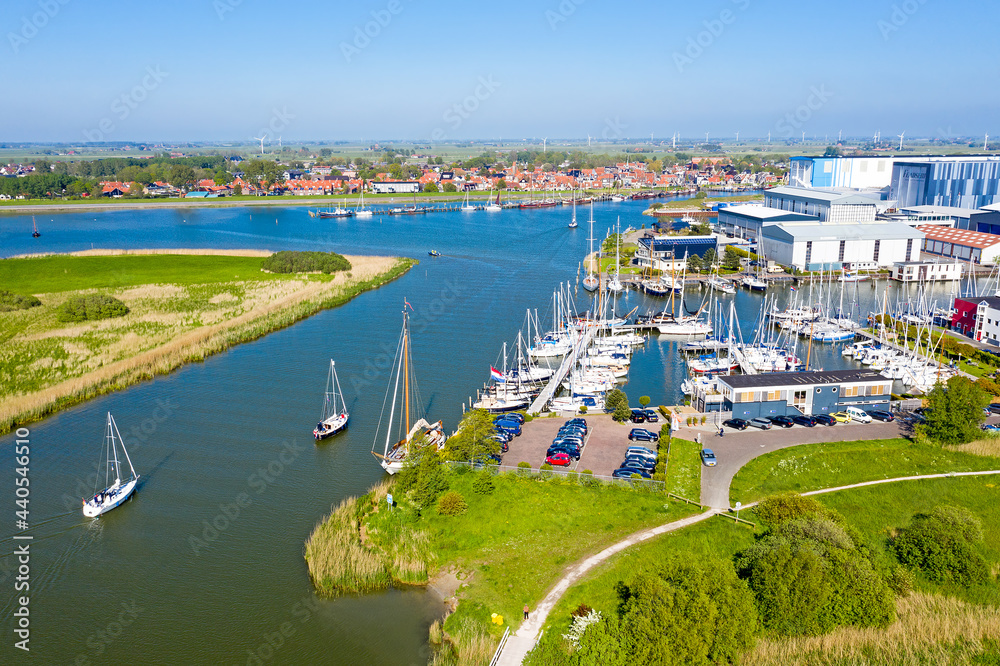 Aerial from the village and harbor from Workum in Friesland the Netherlands