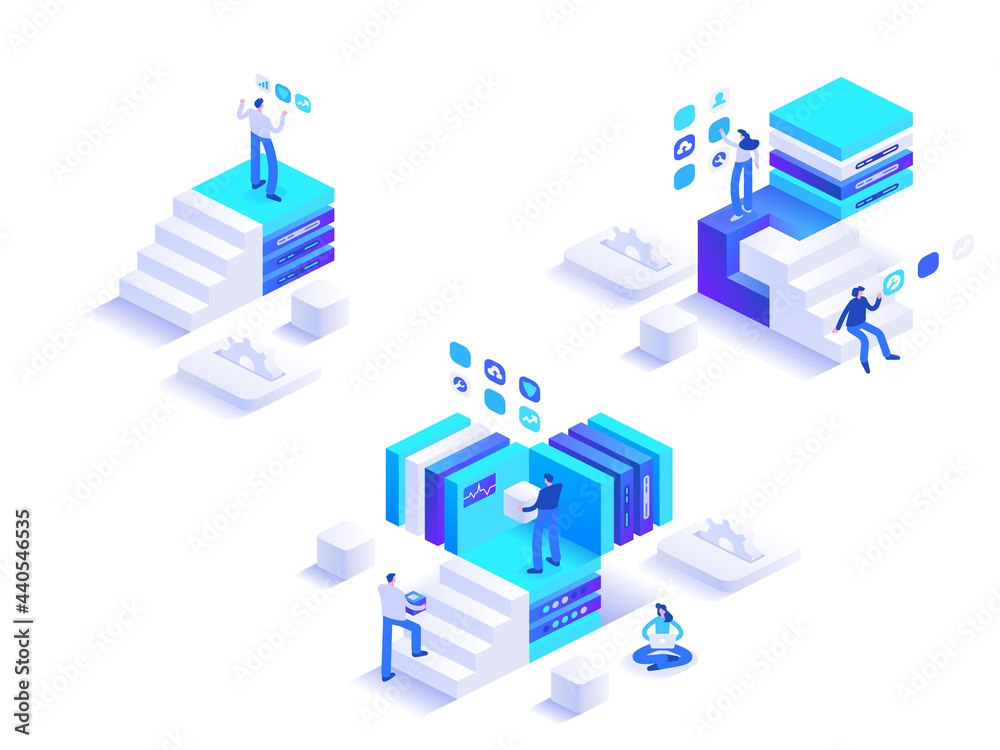 Development from beginnings abstract isometric concept. People climb up career ladder. Business progress and successful strategy. System expansion. Vector character illustration in isometric design Development from beginnings abstract isometric concept. People climb up career ladder. Business progress and successful strategy. System expansion. Vector character illustration in isometric design