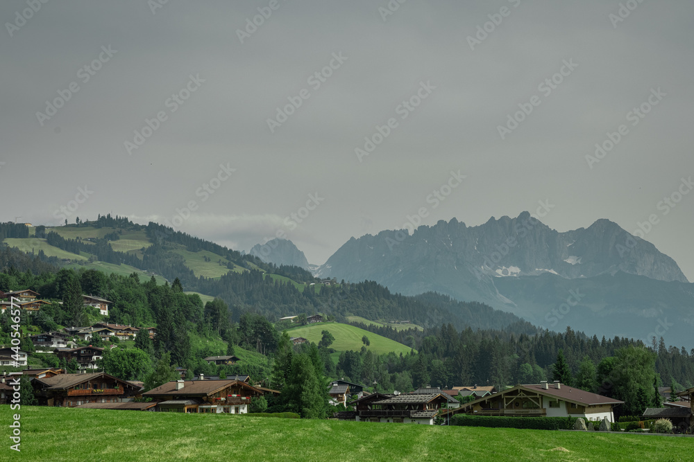 View from austrian village of Reith close to Kitzbuhel towards the high mountains on the north