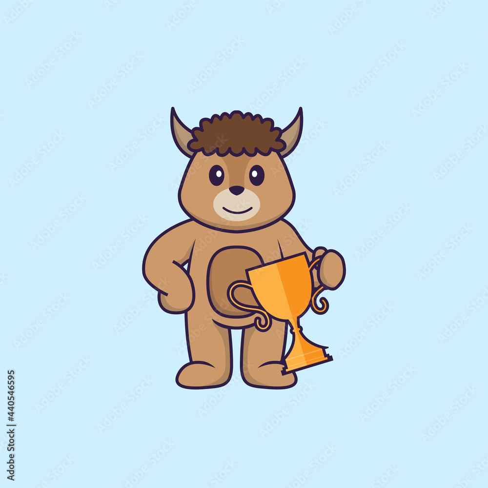 Fototapeta premium Cute sheep holding gold trophy. Animal cartoon concept isolated. Can used for t-shirt, greeting card, invitation card or mascot. Flat Cartoon Style