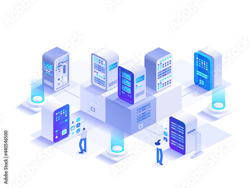 Server room racks isometric concept. Engineering team works at hardware cloud database room, maintenance and tech support. Data center infrastructure. Vector character illustration in isometry design