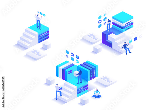 Development from beginnings abstract isometric concept. People climb up career ladder. Business progress and successful strategy. System expansion. Vector character illustration in isometric design