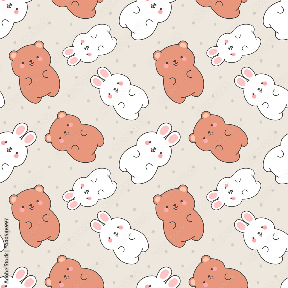 Fototapeta premium Cute rabbit and teddy bears pattern, seamless background, hand drawn cartoon with heart, vector illustration