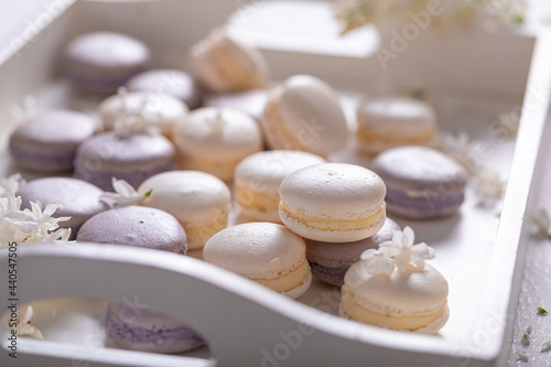 Lovely lilac flavored macaroons. Summer dessert composition.