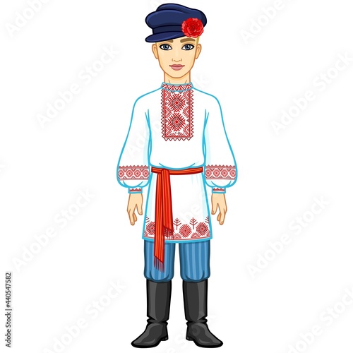 Animation portrait of the young Belarusian boy in traditional clothes. Eastern Europe. Full growth. Vector illustration isolated on a white background.