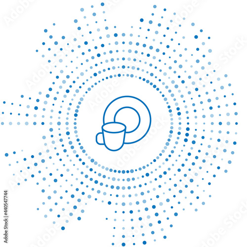 Blue line Washing dishes icon isolated on white background. Cleaning dishes icon. Dishwasher sign. Clean tableware sign. Abstract circle random dots. Vector