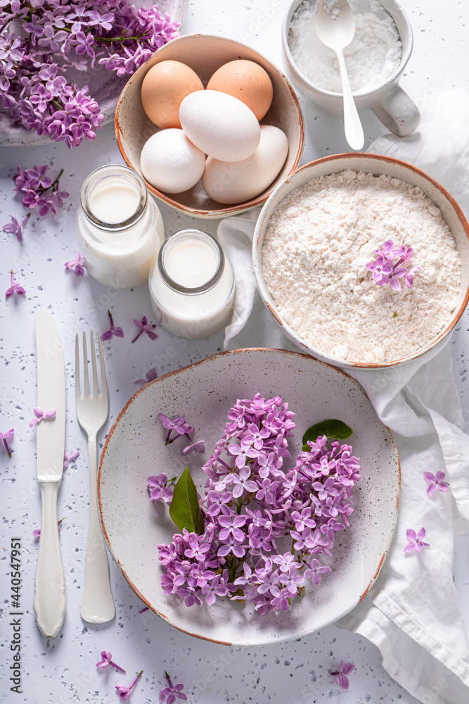 Ingredients for fried lilac flower in pancake dough. Summer dessert. Ingredients for fried lilac flower in pancake dough. Summer dessert.