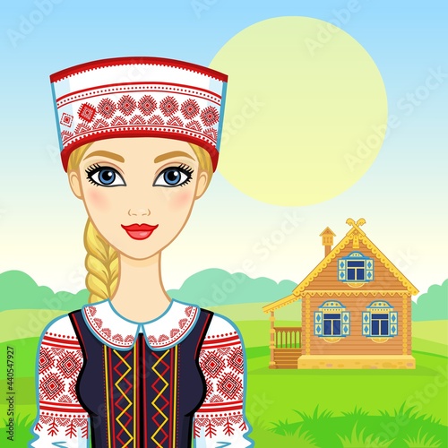 Animation portrait of the young Belarusian girl  in traditional clothes.  Fairy tale character.  A background - a rural landscape, the ancient house. Vector illustration.