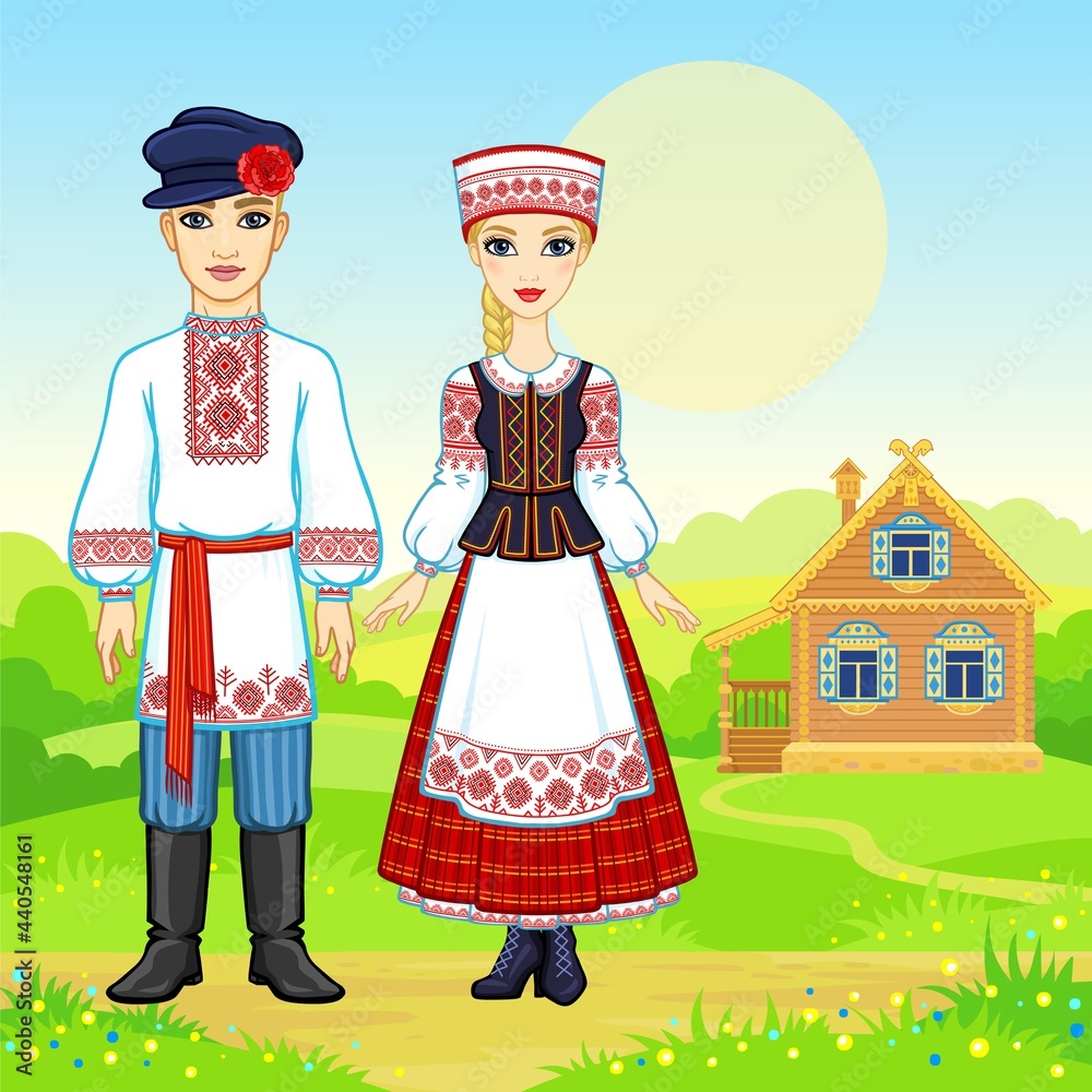 Slavic beauty. Animation portrait of the Belarusian family in national  clothes. Full growth. Background - summer a landscape, the ancient wooden house. Vector illustration.