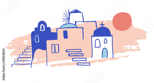 Greece hand drawn illustration. Santorini old town streets, traditional and famous houses and churches with blue domes 