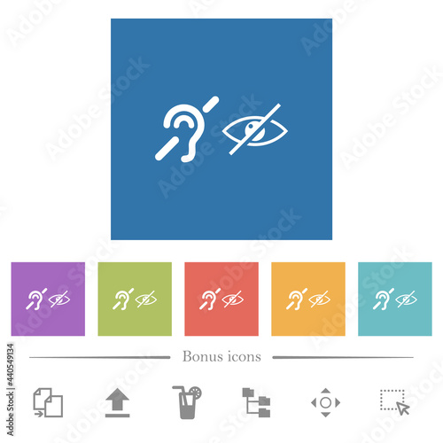 Hearing and visually impaired symbols flat white icons in square backgrounds