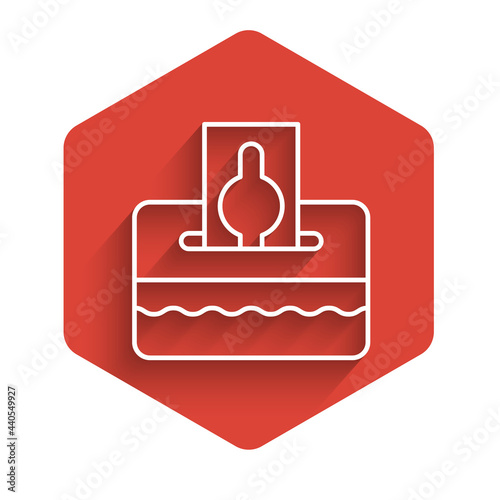 White line Donate or pay your zakat as muslim obligatory icon isolated with long shadow background. Muslim charity or alms in ramadan kareem before eid al-fir. Red hexagon button. Vector
