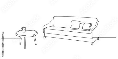 One continuous line drawing of sofa with table and cup. Home modern furniture of couch with two pillows in simple linear style. Editable stroke Vector illustration