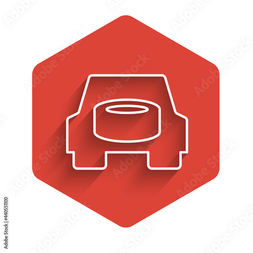 White line Spare wheel in the car icon isolated with long shadow background. Process of replacing the wheel. Storage location of the spare wheel in the trunk. Red hexagon button. Vector