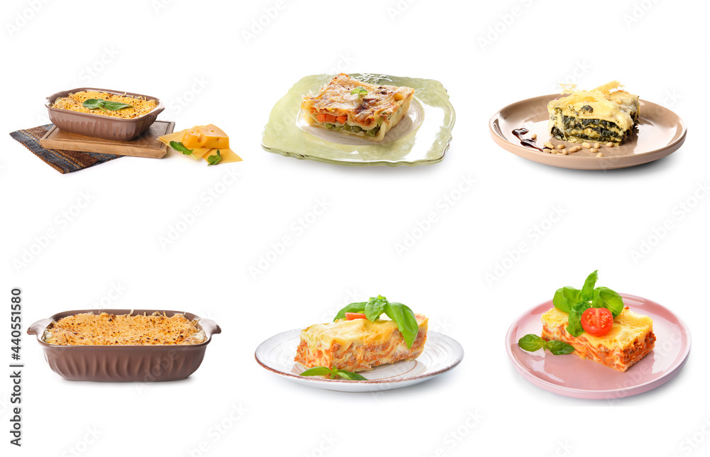 Set of tasty homemade lasagna on white background