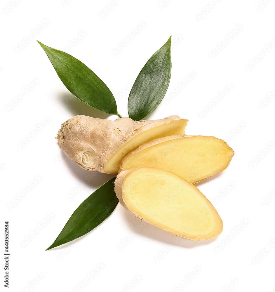 Sliced fresh ginger on white background Sliced fresh ginger on white background