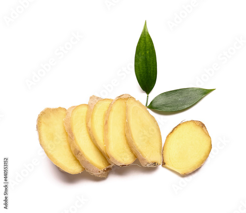 Slices of fresh ginger on white background