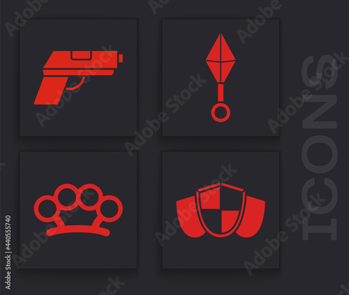 Set Shield, Pistol or gun, Japanese ninja shuriken and Brass knuckles icon. Vector