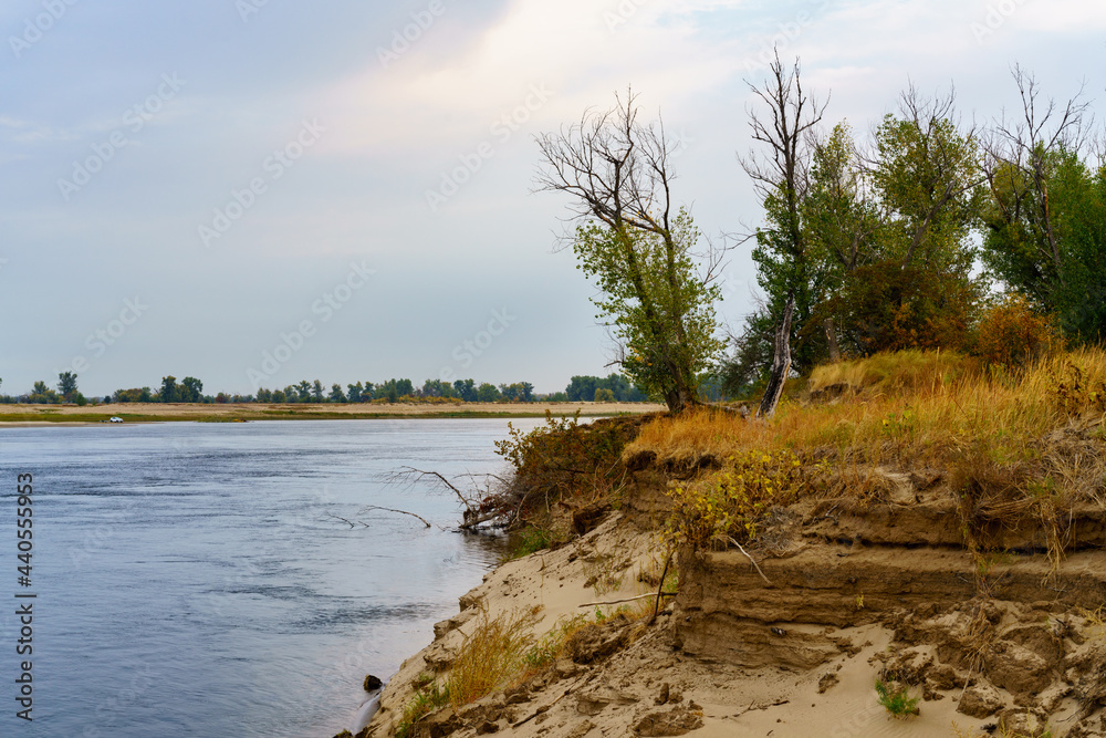 Landscape with steep banks on the Volga river in Russia.